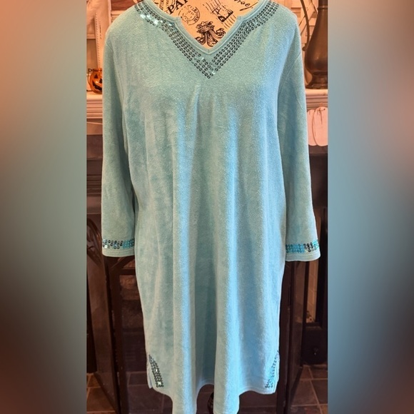 Quacker Factory Terry Dress Cover Up Sequin Trim Blue Aqua Women’s Large V-Neck - Picture 1 of 9